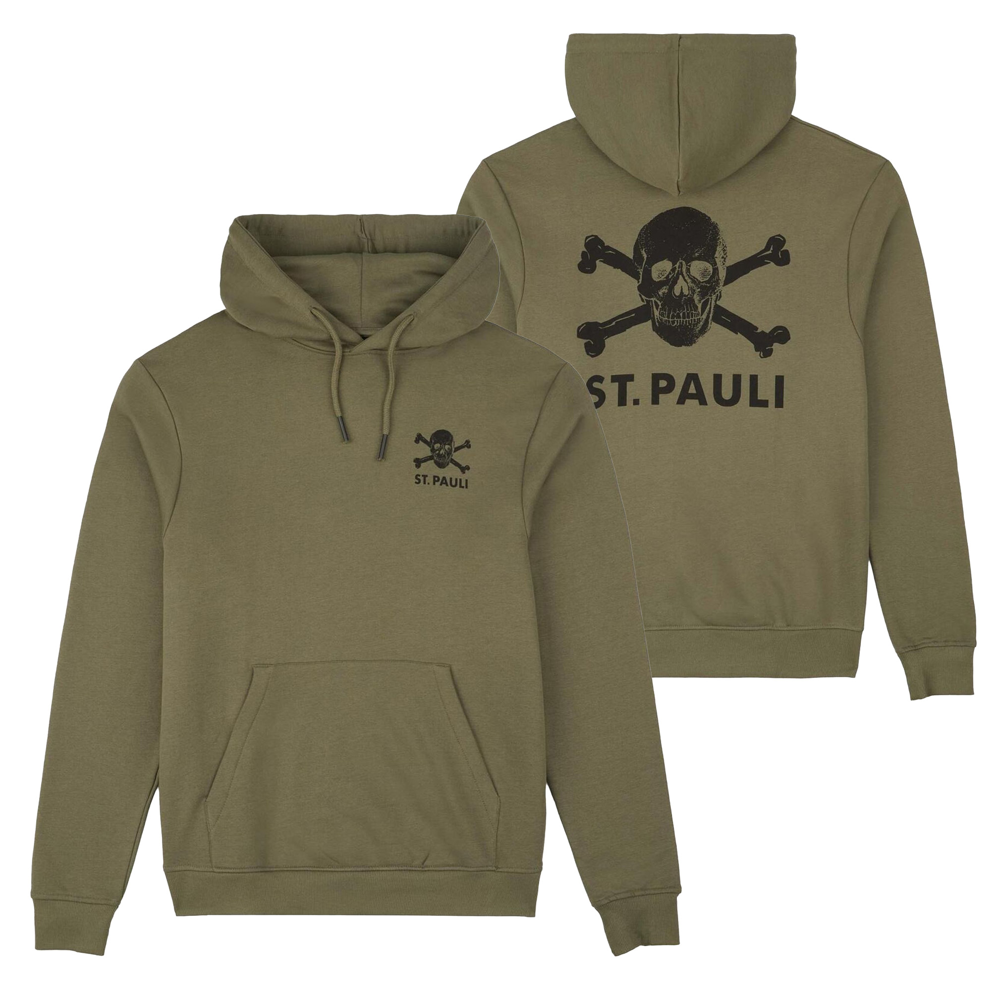 FC St. Pauli - Kapuzenpullover Black-Olive Totenkopf mit Rückenprint - oliv