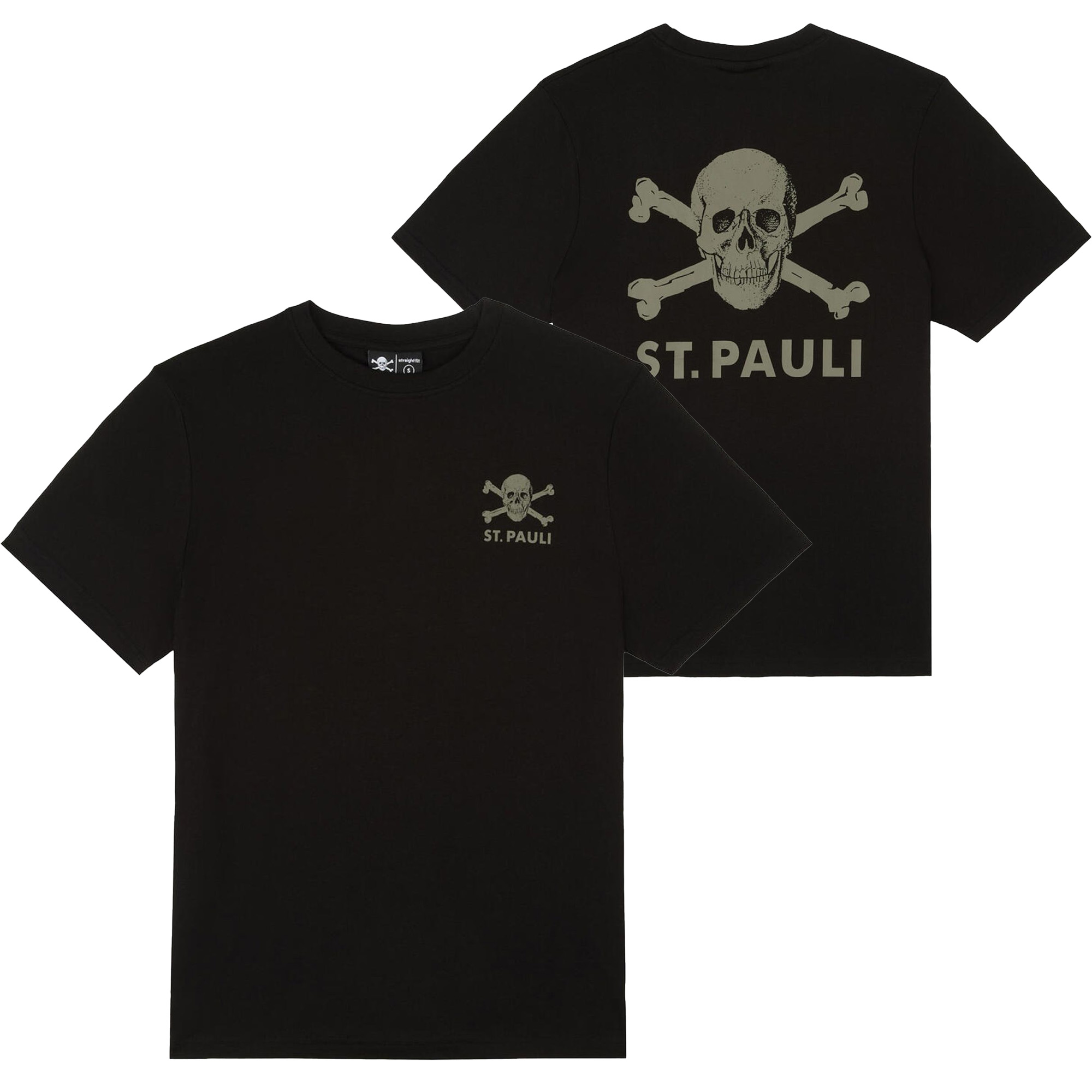 FC St. Pauli - T-Shirt Black-Olive Totenkopf mit Rückenprint - schwarz
