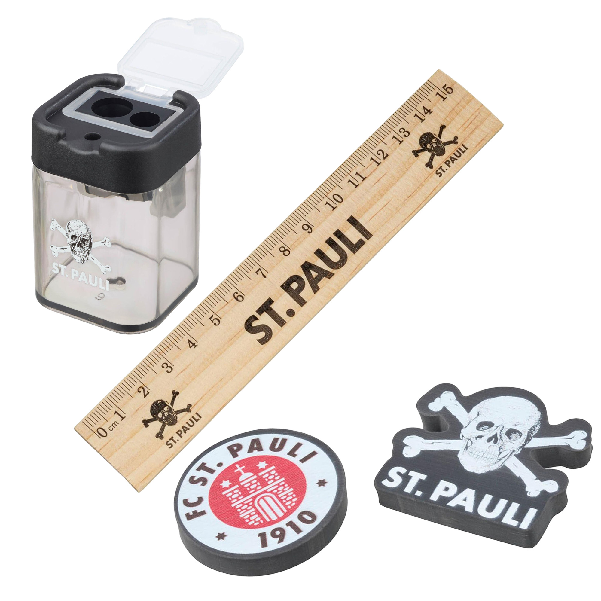 FC St. Pauli - Schreib-Set mit Anspitzer, Lineal & 2x Radierummi - mehrfarbig - Set