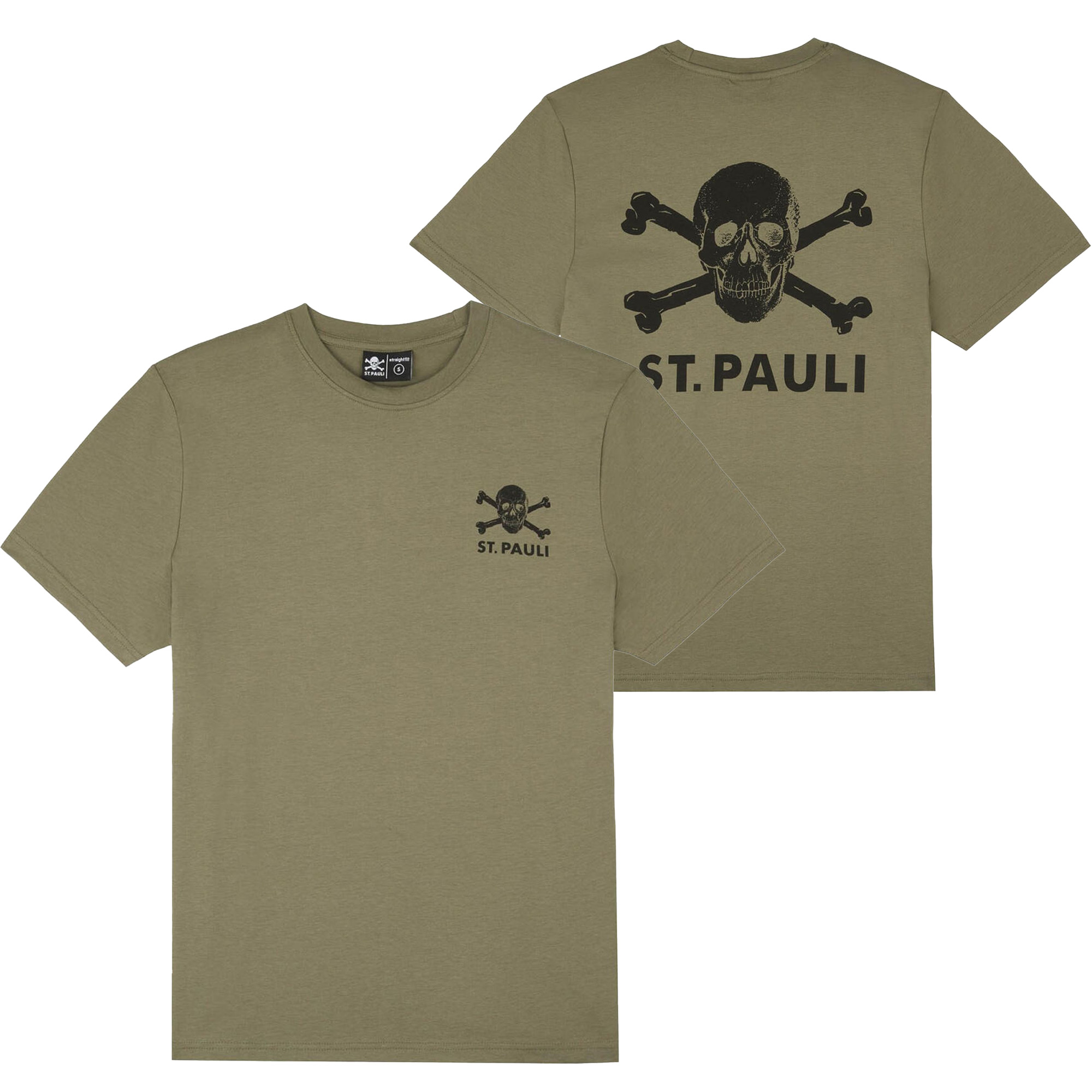 FC St. Pauli - T-Shirt Black-Olive Totenkopf mit Rückenprint - oliv